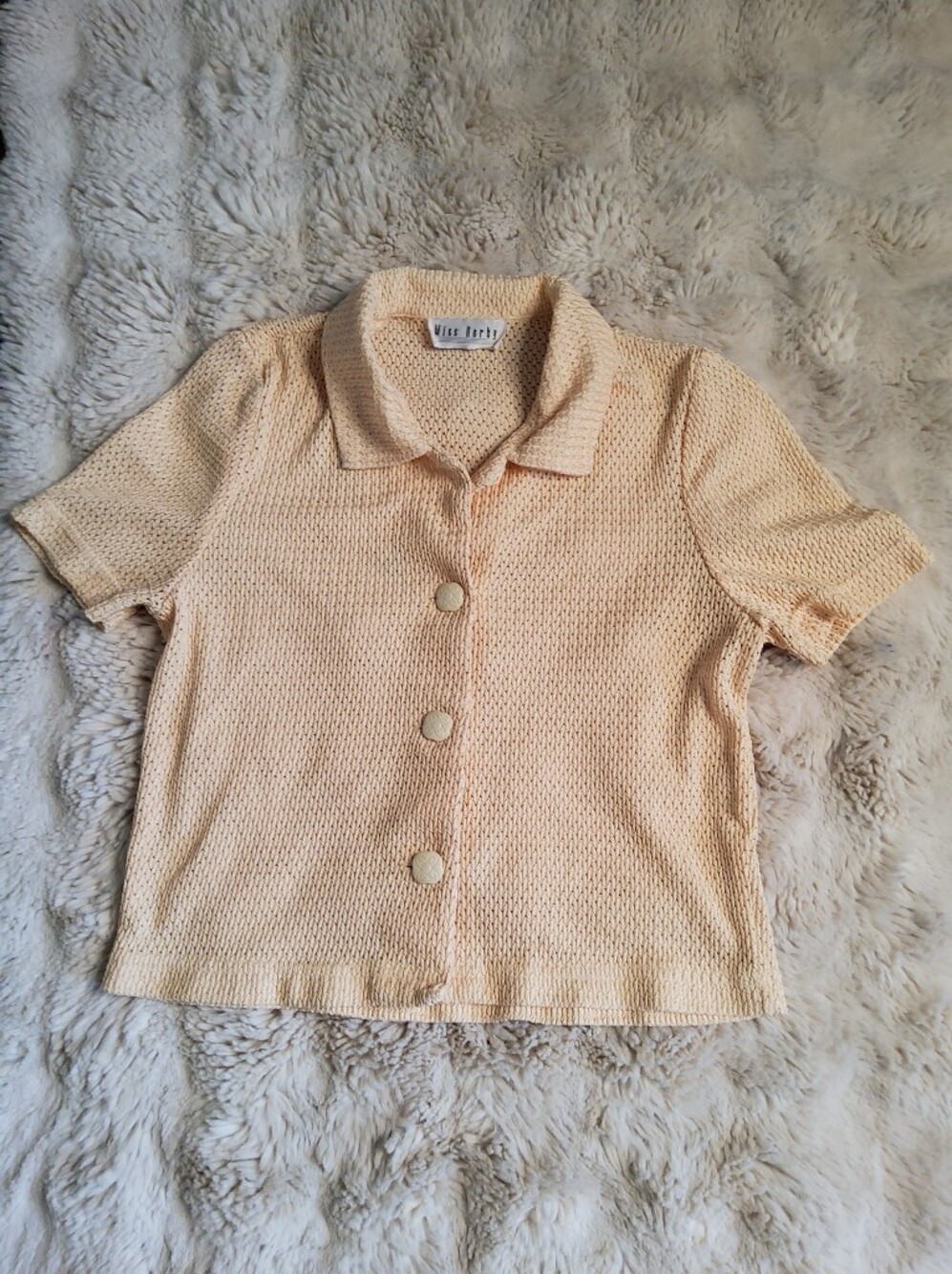 Vintage Ribbon Art Deco Style Cream Knit Button-Up Top